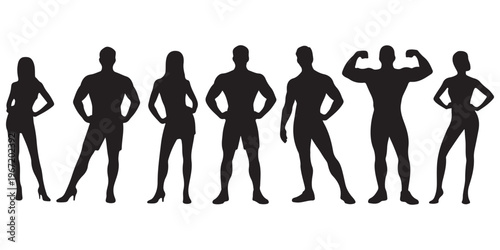 Fitness people silhouette collection with male and female body poses including bodybuilding and standing postures