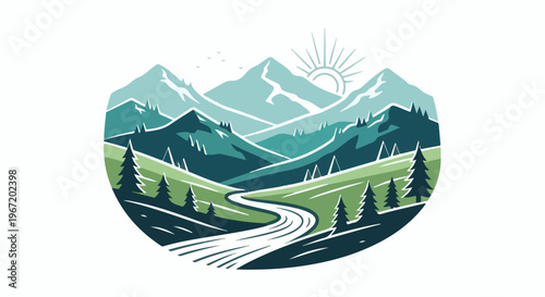 Stylized mountain valley with winding river under a radiant sun