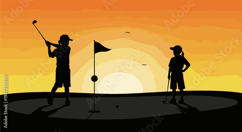 Two silhouetted figures, one swinging a golf club, the other watching, play golf at sunset