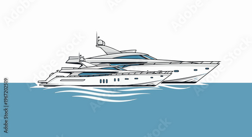 Two sleek white yachts cruise on calm blue water under a white sky