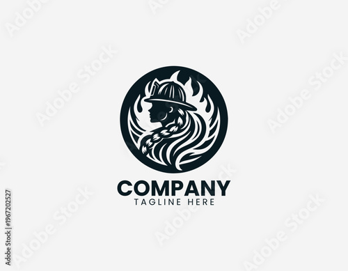 Female firefighter silhouette with flames black vector logo illustration isolated on white background