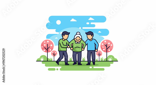 Two young adults assist an elderly woman in a park setting