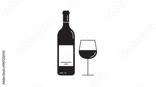 Bottle of wine and glass of red wine icon with simple lines and isolated on white background for visual representation.