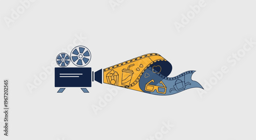 Vintage projector emitting film reel with movie snacks and 3D glasses