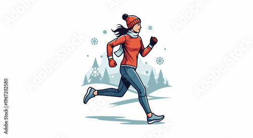 Woman running in a snowy winter landscape