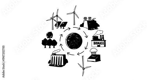 Hand drawn renewable energy diagram with circular flow of wind solar hydro geothermal and biomass power vector illustration