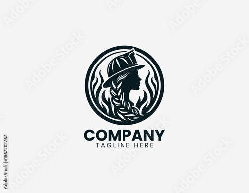 Female firefighter silhouette with flames black vector logo illustration isolated on white background