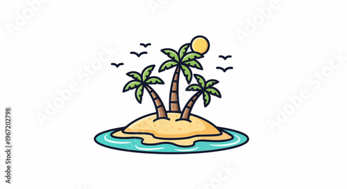 Stylized tropical island with palm trees, sun, and birds flying above