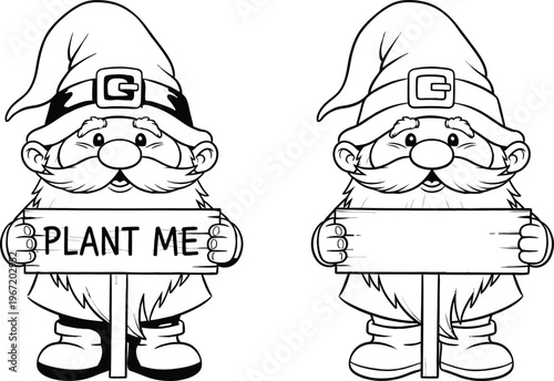 pair of garden gnomes holding signs, one with 'plant me' text