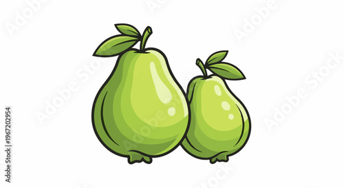 Two vibrant green pears with leaves on white background