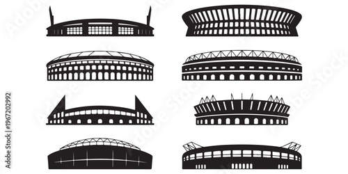 Stadium silhouette icon collection with various arena and sports venue designs