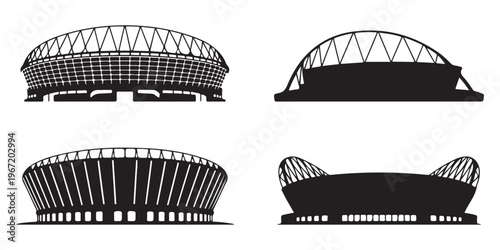 Stadium silhouette icon collection with various arena and sports venue designs
