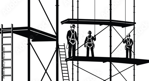 Construction Workers on Scaffolding Silhouette with Safety Harness, Industrial Building Site Labor and Engineering Work Concept Illustration