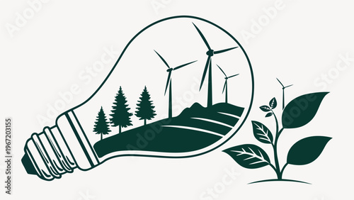 House with trees in a forest landscape featuring wind turbines generating renewable energy under the sky