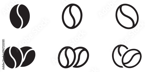 Coffee bean silhouette and outline icon collection isolated on white background for cafe branding beverage design and organic food concepts in minimal vector style