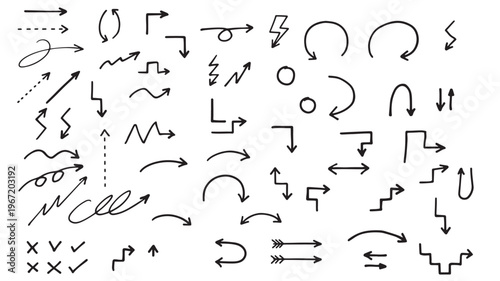 Arrows hand drawn set with various styles and directions, including simple, curved, zig-zag, and circular shapes, on a white background.
