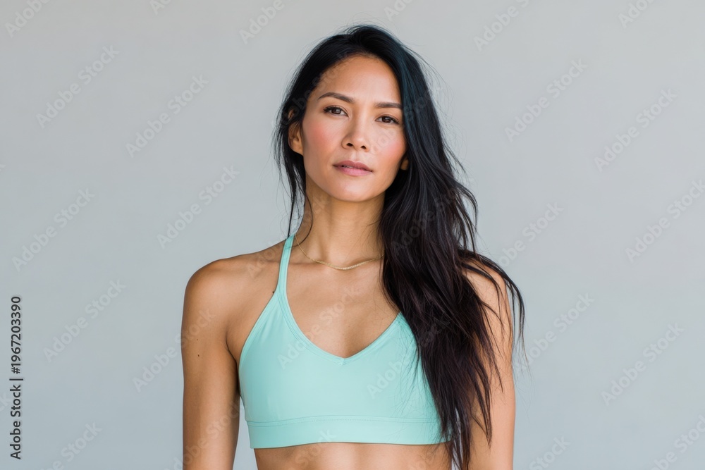 Fototapeta premium Young asian female adult wearing mint sports bra portrait neutral background long hair fitness