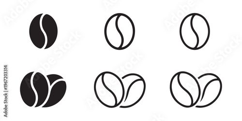 Coffee bean silhouette and outline icon collection isolated on white background for cafe branding beverage design and organic food concepts in minimal vector style