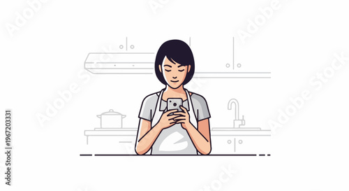 Woman in apron using smartphone in kitchen, with minimalist outline