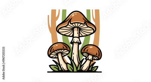 Three brown mushrooms with green and brown abstract background