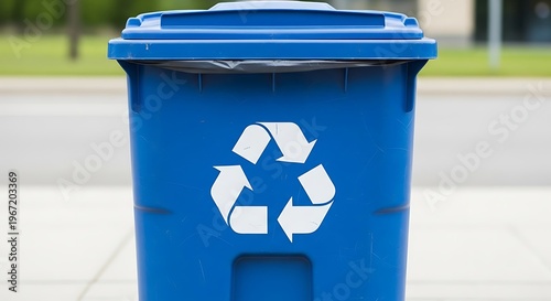 Blue recycling bin with universal recycling symbol