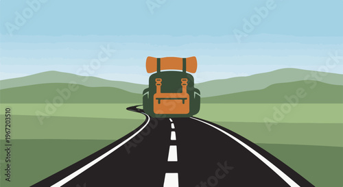 A backpack sits on a road winding through green hills under a blue sky