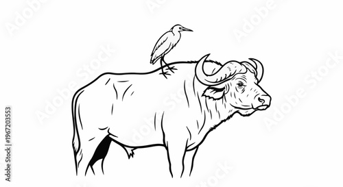 A bird perched on the back of a large bull