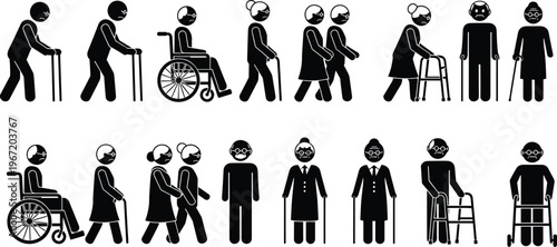 Elderly People Silhouette Set with Walking Stick Wheelchair and Walker, Senior Citizens Mobility and Aging Support Concept Illustration