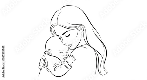 Loving mother tenderly cradles her newborn baby in a monochrome sketch illustration conveying warmth and maternal bonding