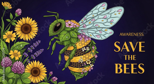 Colorful illustration of a bee with wings and flowers save the bees awareness text environmental conservation concept vibrant yellow and purple background