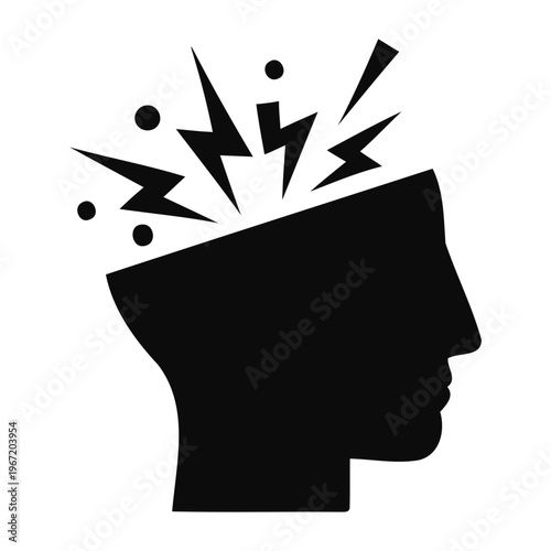Mental Health Stress and Headache Icon Silhouette with Lightning Bolts