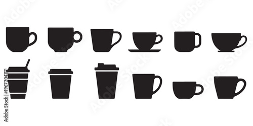 Coffee cup and mug silhouette icon collection with multiple shapes including takeaway cups