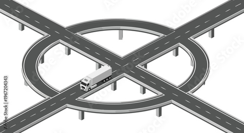 Isometric 3D Highway Interchange with Delivery Truck on Circular Roundabout Bridge, Logistics and Transport Infrastructure Concept Illustration