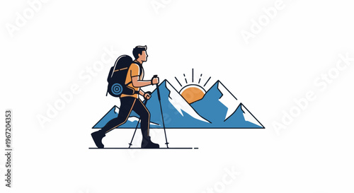 A hiker with trekking poles and a backpack walks towards the sunrise over mountains