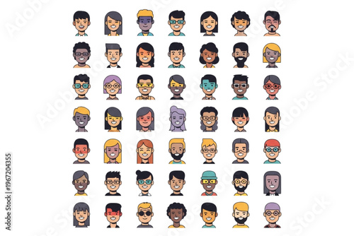49 Abstract Avatar Face Icons Set – Colored Diverse People Head Portraits, Happy Smiling Men and Women User Profiles, Modern Flat Vector Illustration, Isolated