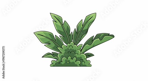 Cartoon illustration of a lush green tropical plant with broad leaves and bushy foliage