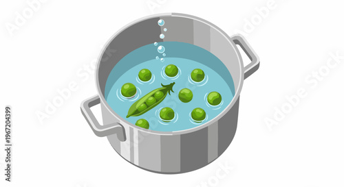 A metal pot with boiling water, green peas, and a pea pod