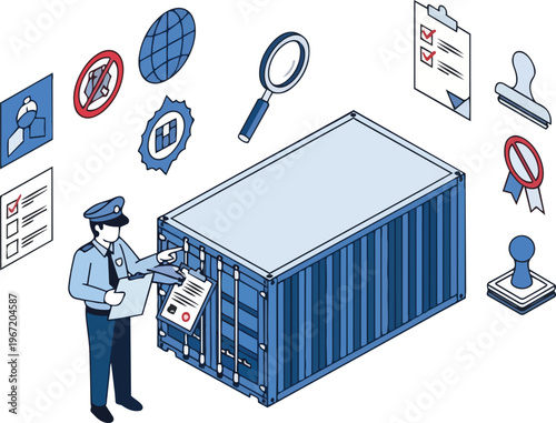 Customs Officer Inspecting Shipping Container Isometric Illustration for Logistics, International Trade, and Cargo Security