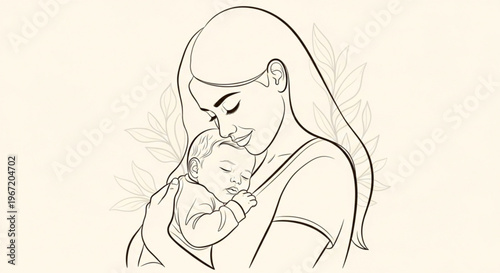 Mother tenderly holding infant in a warm embrace black and white sketch style minimalist design soft lines serene atmosphere