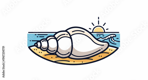 A stylized seashell rests on a sandy beach with waves crashing