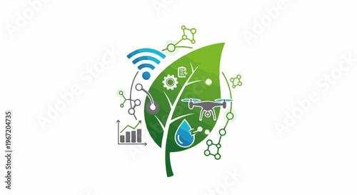 Digitalized green leaf shows smart farming tech drone, WiFi, data, water, gear