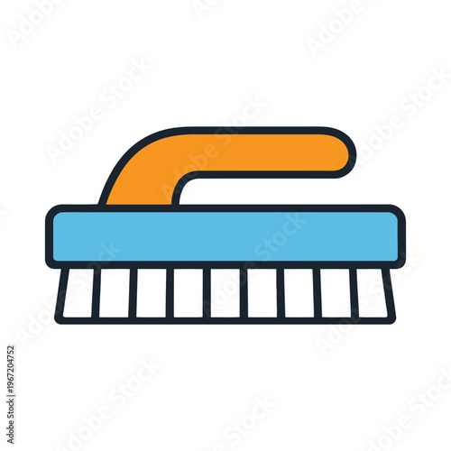 Flat vector icon of a cleaning scrub brush with an orange handle and blue base