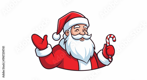 Cheerful Santa Claus character in red suit, white beard, holding candy cane