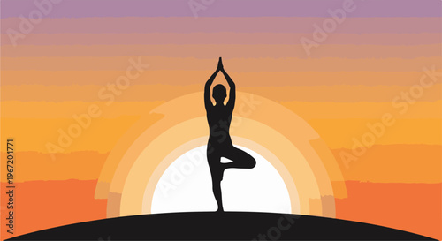 Silhouette of a person in tree pose against a vibrant sunset