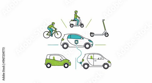 Diverse eco-friendly personal transport options linked together