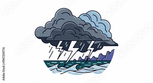 Dark storm clouds unleash rain and lightning over a turbulent sea