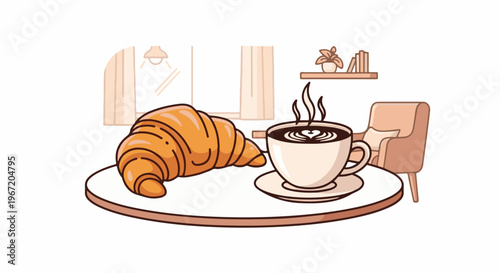 Cozy morning scene with a croissant and steaming coffee cup indoors