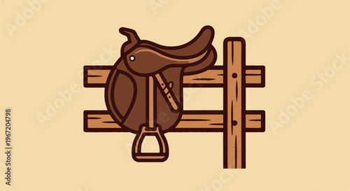 A western saddle rests on a rustic wooden fence under a light sky