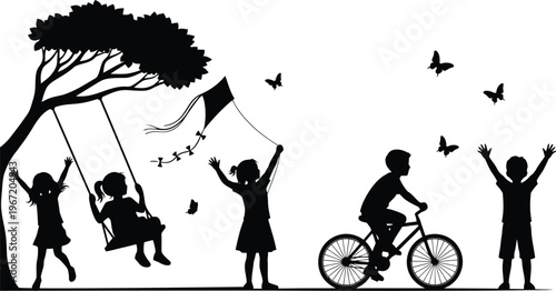 A group of children enjoying outdoor playtime with various activities including swinging and flying a kite