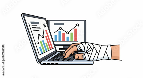 Injured hand typing on laptop with financial charts displayed